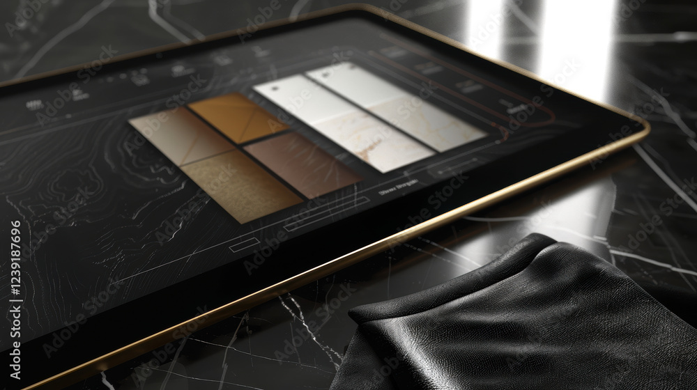 Poster luxury furniture customization app interface featuring textured progress bar on tablet