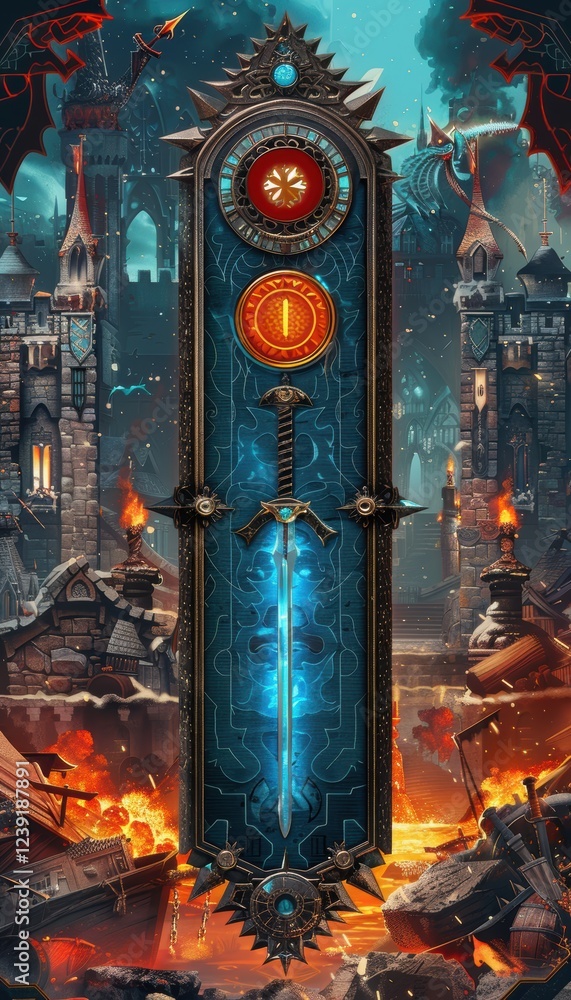Poster fantasy game progress bar with swords and shields in vibrant animated world design