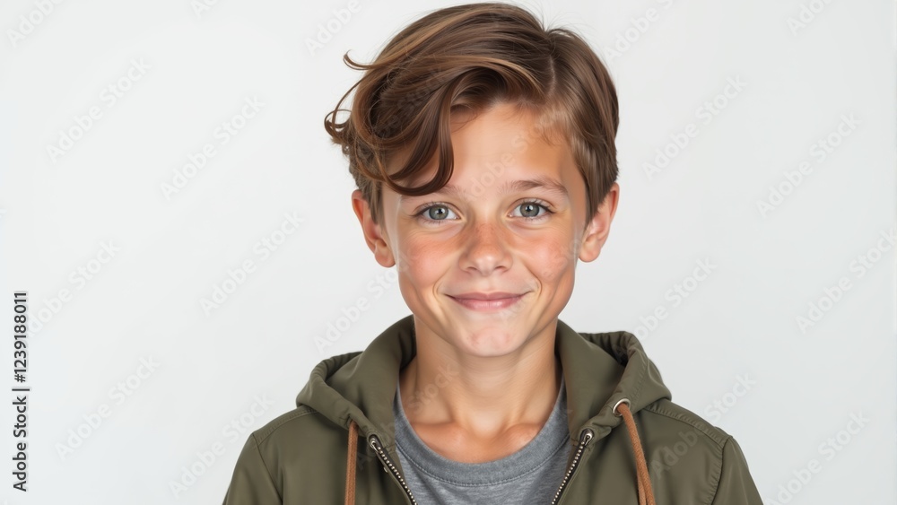Wall mural smiling boy in casual attire captures joy and innocence against a simple background