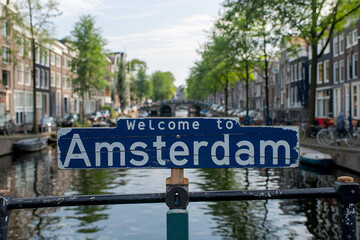 Welcome to Amsterdam – Wooden Road Sign, Netherlands