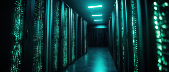 dimly lit server room with glowing turquoise lights