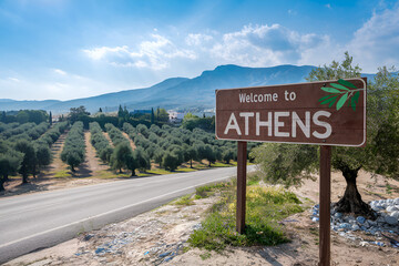 Welcome to Athens – Wooden Road Sign, Greece