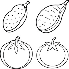 Line Art Drawings of Eggplant, Tomato, and Vegetables