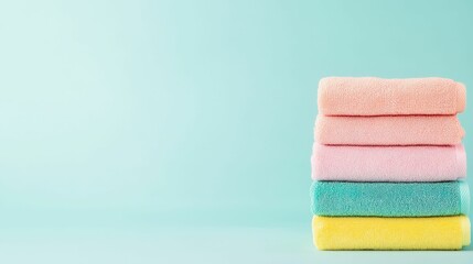 Stack of colorful towels against pastel background for spa and home decor inspiration