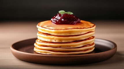 Delicious golden pancakes stacked high with homemade fruit topping on a wooden plate