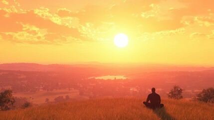Fototapeta premium Man sitting on a hill at sunrise with a vast landscape below, peaceful natural tones and warm lighting