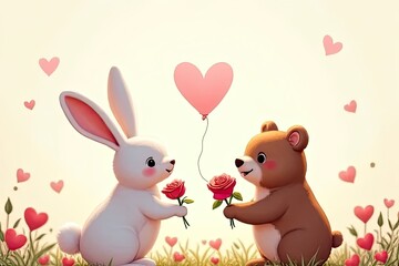 A playful scene of animals celebrating Valentine's Day, rabbits giving each other flowers, bears holding hands,