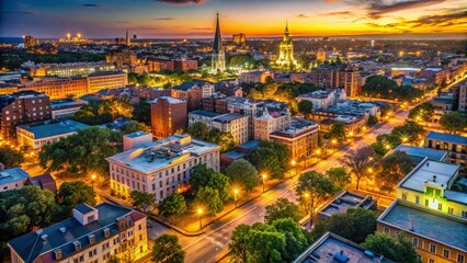 Naklejka premium Savannah Georgia Night Aerial Drone Photography - Panoramic Cityscape of Historic Architecture