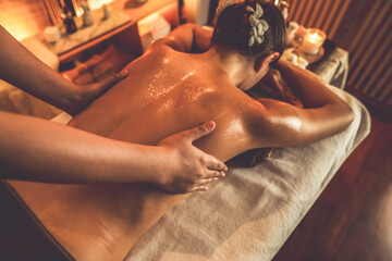 Caucasian woman customer enjoying relaxing anti-stress spa massage and pampering with beauty skin...