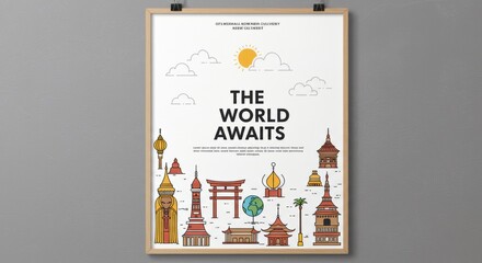 "The World Awaits Poster: An inviting poster with the words "The World Awaits" invites travel to international travel destinations, in an illustrative aesthetic, against a neutral backdrop.