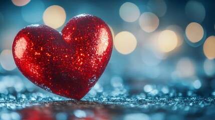 Obraz premium Red Glitter Heart on Dark Blue Background with Bokeh Lights