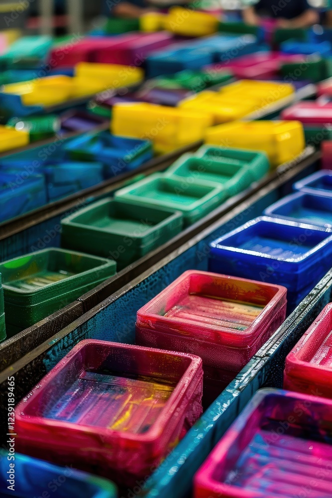 Poster eco-friendly packaging production: workers sorting and stacking colorful boxes in factory