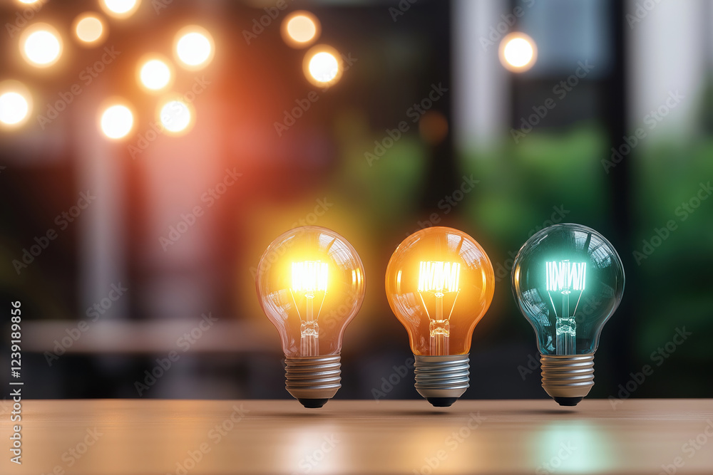 Poster colorful bulbs illuminated on a table with a blurred background setting