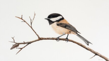Obraz premium Chestnut-backed Chickadee perched on branch, winter scene, nature illustration