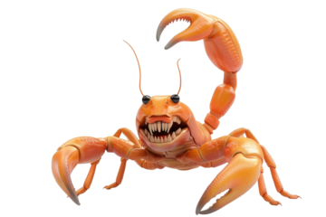 Fierce cartoon crab with sharp teeth lunges forward in a battle-ready pose with raised claws
