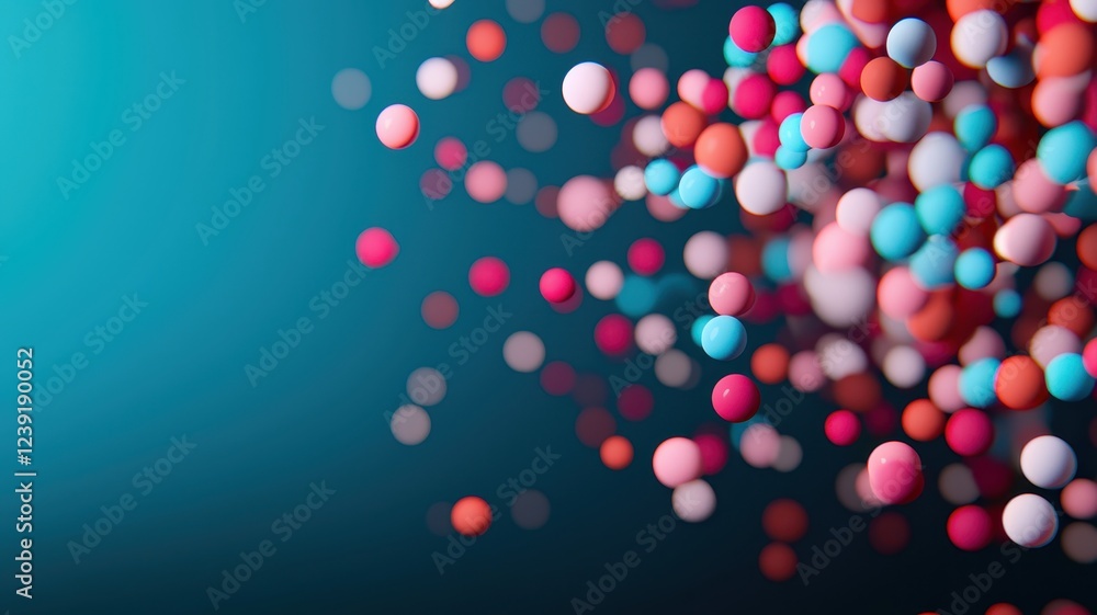 Poster colorful spheres scattered against a blue background create a dynamic visual effect.