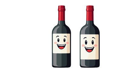 Two Smiling Wine Bottles Cartoon Illustration on White Background