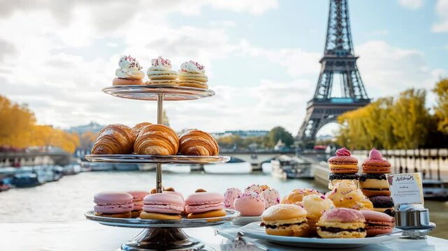 A selection of colorful French pastries, including croissants and macarons, is beautifully displayed on tiered trays with the Eiffel Tower and the Seine River in the background