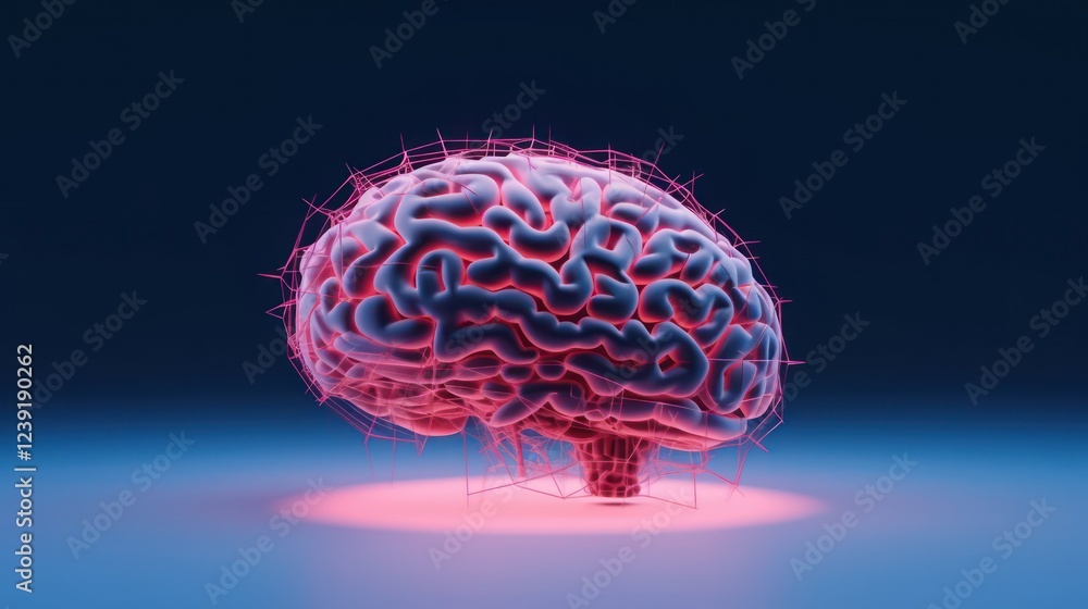 Poster hyper-realistic 3d render of human brain anatomy with glowing wireframe and ambient lighting
