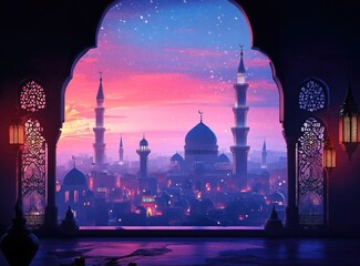 Eid Mubarak and Ramadan Kareem greetings with an Islamic lantern and mosque Eid al-Fitr background