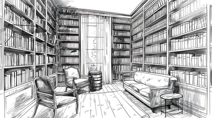 Library interior graphic black white sketch illustration vector