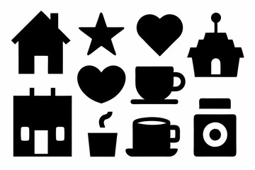 set of house icons, Christmas tree icons, white profile tree icons,  cup icon, car icon , coffee icon, cupe icon, vector silhouette illustration 