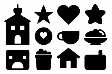set of house icons, Christmas tree icons, white profile tree icons,  cup icon, car icon , coffee icon, cupe icon, vector silhouette illustration 