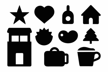 set of house icons, Christmas tree icons, white profile tree icons,  cup icon, car icon , coffee icon, cupe icon, vector silhouette illustration 