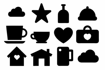 set of house icons, Christmas tree icons, white profile tree icons,  cup icon, car icon , coffee icon, cupe icon, vector silhouette illustration 