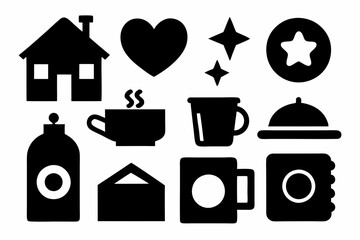 set of house icons, Christmas tree icons, white profile tree icons,  cup icon, car icon , coffee icon, cupe icon, vector silhouette illustration 