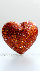 A single heart-shaped glitter piece on a white surface against pure white background