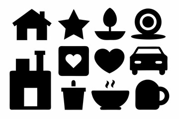 set of house icons, Christmas tree icons, white profile tree icons,  cup icon, car icon , coffee icon, cupe icon, vector silhouette illustration 