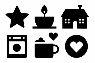 set of house icons, Christmas tree icons, white profile tree icons,  cup icon, car icon , coffee icon, cupe icon, vector silhouette illustration 