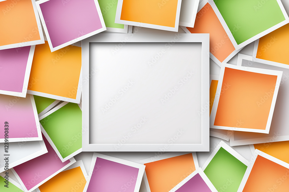 Poster colorful photo frames arranged around a blank space for custom artwork display