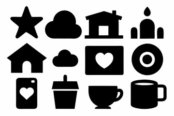 set of house icons, Christmas tree icons, white profile tree icons,  cup icon, car icon , coffee icon, cupe icon, vector silhouette illustration 