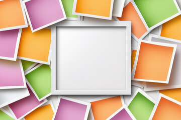 Colorful photo frames arranged around a blank space for custom artwork display