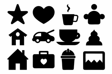 set of house icons, Christmas tree icons, white profile tree icons,  cup icon, car icon , coffee icon, cupe icon, vector silhouette illustration 