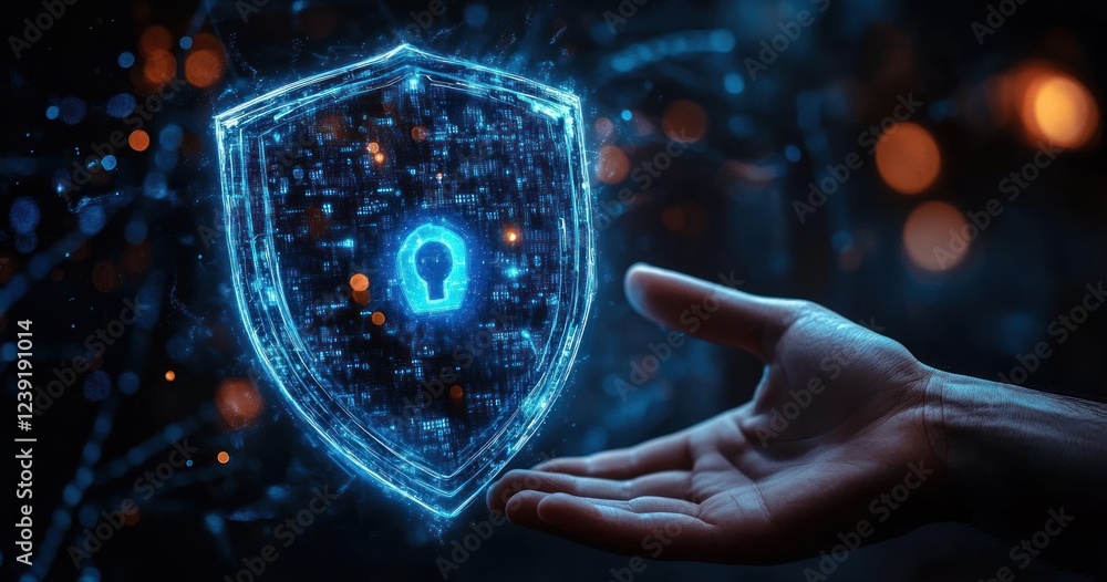 Aufkleber digital security shield with neon glow and hand reaching for protection in cyberpunk style