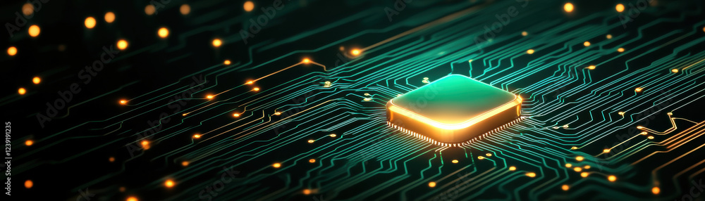 Poster glowing microchip on circuit board with digital connections