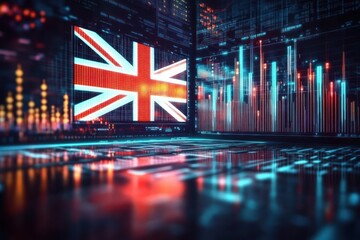 Futuristic Digital Landscape with Union Jack Hologram and Neon Market Data Visualization