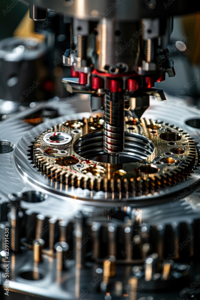 Poster precision engineering: macro shot of gear assembly in workshop for industrial design