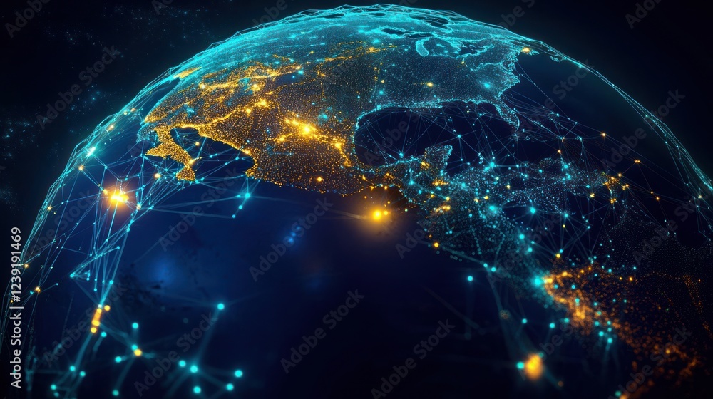 Poster cyberpunk south america globe with network connections and digital data