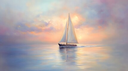 Sailboat glides across calm ocean sunset sky