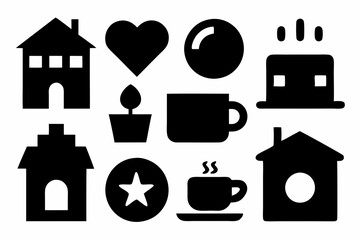 set of house icons, Christmas tree icons, white profile tree icons,  cup icon, car icon , coffee icon, cupe icon, vector silhouette illustration 
