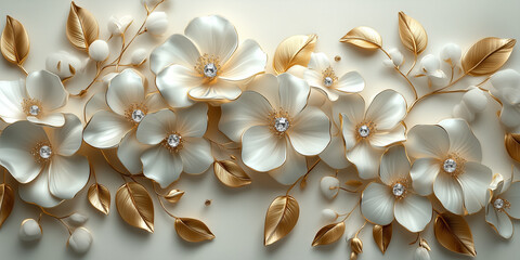 White Flowers and Gold Leaves with Diamonds Elegant Floral Arran