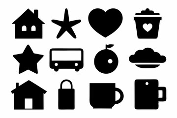 set of house icons, Christmas tree icons, white profile tree icons,  cup icon, car icon , coffee icon, cupe icon, vector silhouette illustration 