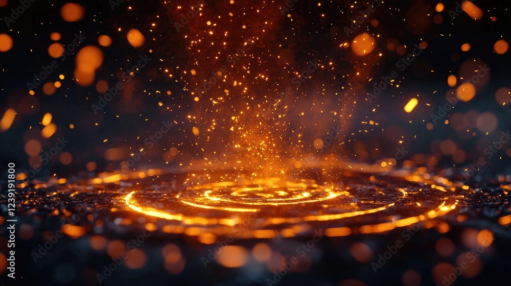 Poster glowing sparks rising from circular patterns on dark background