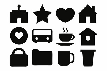 set of house icons, Christmas tree icons, white profile tree icons,  cup icon, car icon , coffee icon, cupe icon, vector silhouette illustration 
