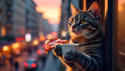 Cat eating coffee and pizza seating on side of window hd background