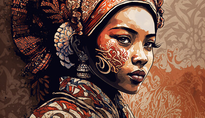 A woman with a colourful head scarf and a red bandana on her head